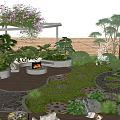Serene Garden Featuring Pergola Fire Pit Stone Pathways And Lush Greenery