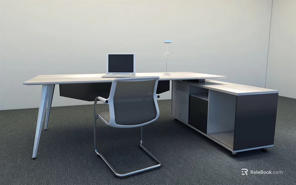 Modern Office Desk Setup With Laptop Chair Desk Lamp And Storage Cabinet 3d model 