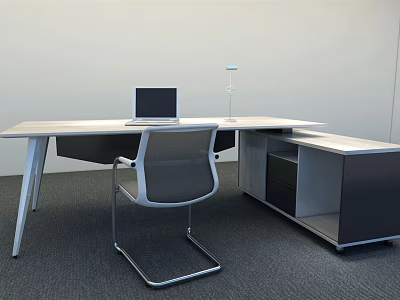 Modern Office Desk Setup With Laptop Chair Desk Lamp And Storage Cabinet 3d model