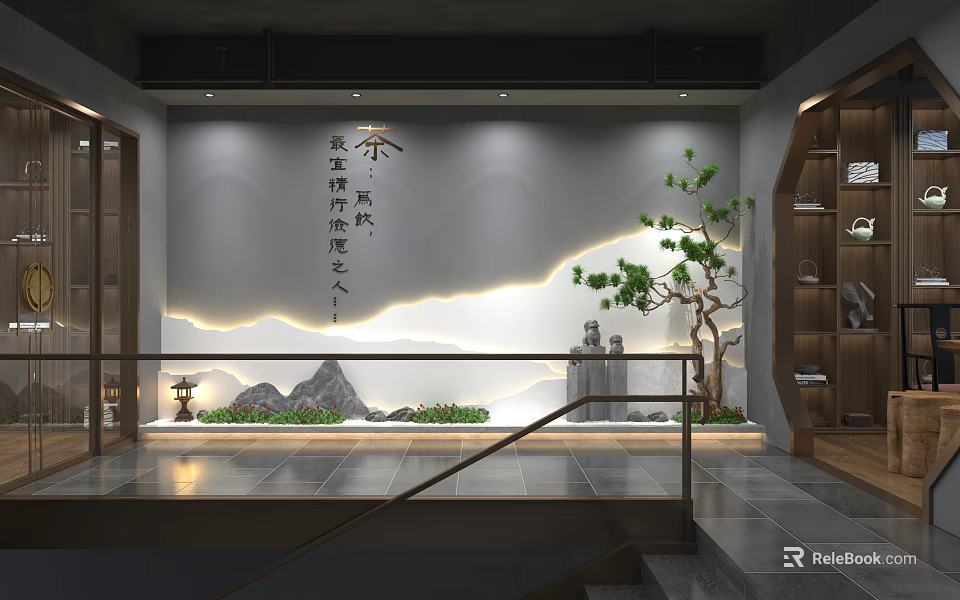 Traditional Chinese Tea House With Serene Ambiance Calligraphy Wall Rockery And Green Plants 3d model 