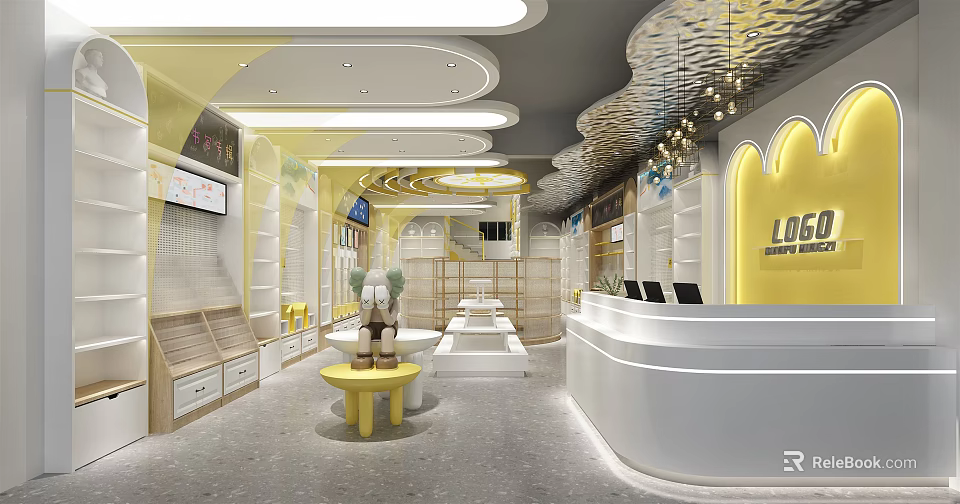 Modern Light Luxury Retail Store Interior With Yellow White Decor Display Shelves And Counter 3d model 