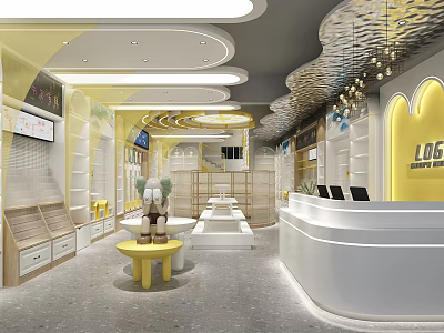 Modern Light Luxury Retail Store Interior With Yellow White Decor Display Shelves And Counter 3d model