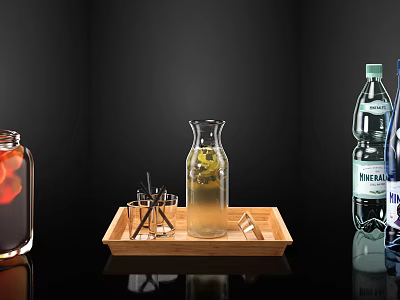 Refreshing Beverages with Lemon Glass Bottle Red Jar Ice Cubes Perrier Water on Wooden Tray 3d model