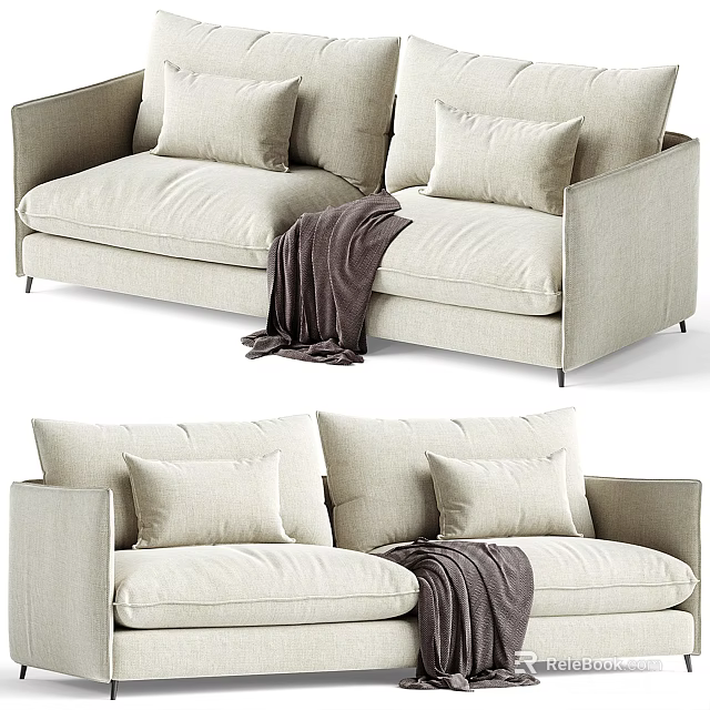 Modern Two Seater Sofa With Light Beige Upholstery Cushions And Throw Blanket 3d model 