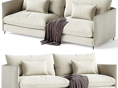 Modern Two Seater Sofa With Light Beige Upholstery Cushions And Throw Blanket 3d model