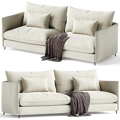 Modern Two Seater Sofa With Light Beige Upholstery Cushions And Throw Blanket 3d model