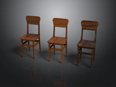 Three Wooden Chairs With Rustic Design For Home Interior Furniture 3d model