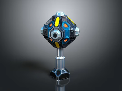 Sci Fi Mechanical Geometric Device With Blue Yellow Orange Components And Silver Base 3d model