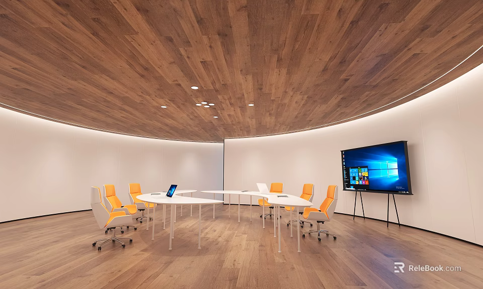 Modern Conference Room With Circular Wooden Ceiling White Table Orange Rolling Chairs And Large Screen 3d model 