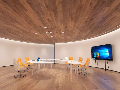 Modern Conference Room With Circular Wooden Ceiling White Table Orange Rolling Chairs And Large Screen 3d model