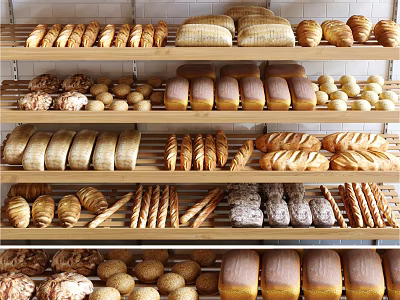 Assorted Freshly Baked Bread Loaves Rolls And Sticks On Wooden Bakery Shelves 3d model