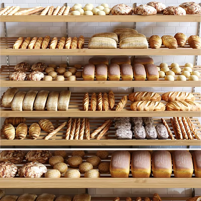 Assorted Freshly Baked Bread Loaves Rolls And Sticks On Wooden Bakery Shelves 3d model