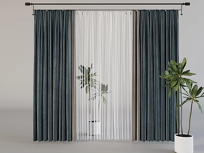 Dark Blue Thick Curtains With White Sheer Panels And Green Plants By Curtain Rod 3d model