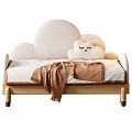 Cloud Shaped Kids Bed With Wooden Legs White Mattress Brown Blanket And Plush Toy