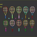 Colorful Tennis Rackets with Various Designs and Tennis Balls on