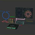 Futuristic Metal Gate With Circular Rings Blue Circuit Board And Transparent Panel