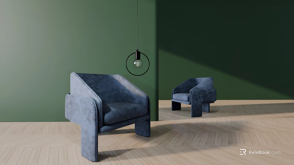 Single Sofa In Modern Living Room With Green Walls Wooden Floor And Pendant Light 3d model 