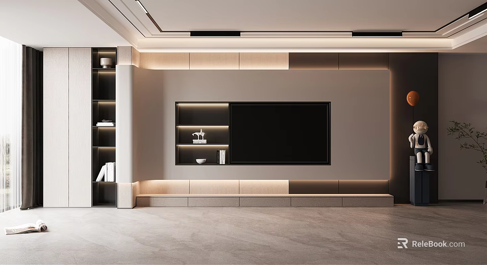 Modern Minimalist TV Wall Design With Built-in TV And LED Lighting Shelves 3d model 