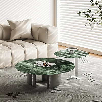 Round Green Marble Coffee Tables With Metal Bases In Living Room With Beige Sofa 3d model