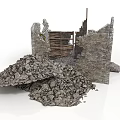 Damaged Stone Wall Structure With Wooden Frames And Rubble Piles 3d model