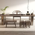 Minimalist Wooden Tea Table With Chairs Bench Bright Natural Light And Potted Plant