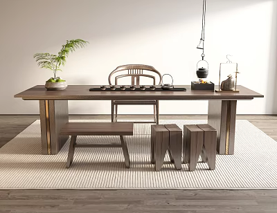 Minimalist Wooden Tea Table With Chairs Bench Bright Natural Light And Potted Plant 3d model
