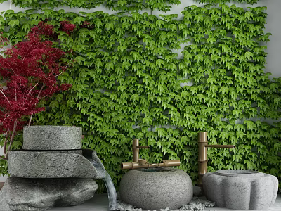 Garden Ornaments Featuring Green Ivy Wall Red Maple Tree Stone Fountain Bamboo Structure Stone Basin 3d model