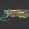 Futuristic Sci Fi Weapon with Silver Metallic Body Yellow Glowing Strips and Brown Grip