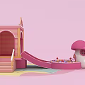 Pink Children Play Structure With Wooden Steps Slide And Mushroom Shaped Ball Pit
