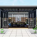 Chinese Style Garden Pavilion With Carved Black Frame And Lotus Pond Surroundings