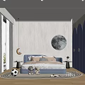 Modern Kids Bedroom With Star Lights Moon Decor Blue Bed And Stuffed Toys