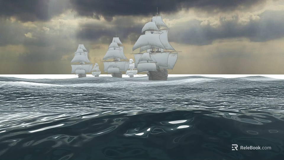 Scenic Ocean Landscape With Sailing Ships Dark Clouds And Sunlight Breaking Through Clouds 3d model 