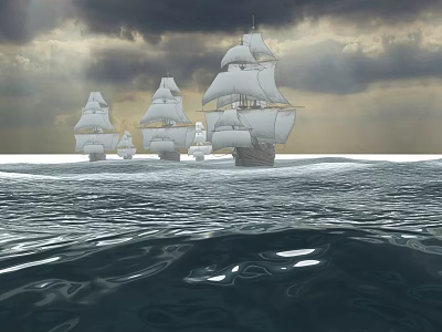 Scenic Ocean Landscape With Sailing Ships Dark Clouds And Sunlight Breaking Through Clouds 3d model