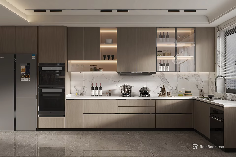 Modern Kitchen Interior Design With Lighted Cabinets Marble Countertop Appliances And Stainless Steel Refrigerator 3d model 