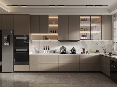 Modern Kitchen Interior Design With Lighted Cabinets Marble Countertop Appliances And Stainless Steel Refrigerator 3d model