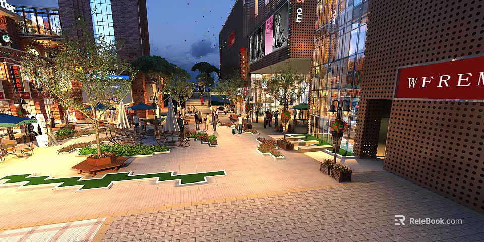 Vibrant Commercial Street With Modern Buildings Shops Pedestrians Green Plants And Evening Lighting 3d model 