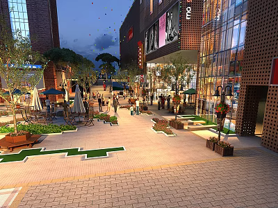 Vibrant Commercial Street With Modern Buildings Shops Pedestrians Green Plants And Evening Lighting 3d model
