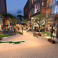 Vibrant Commercial Street With Modern Buildings Shops Pedestrians Green Plants And Evening Lighting