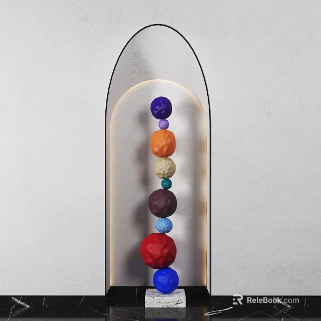 Colorful Sphere Sculpture Hanging In Transparent Arched Structure With White Wall Background And Illuminated Effect 3d model 