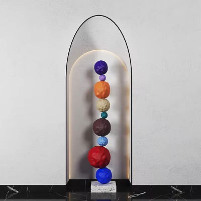 Colorful Sphere Sculpture Hanging In Transparent Arched Structure With White Wall Background And Illuminated Effect 3d model