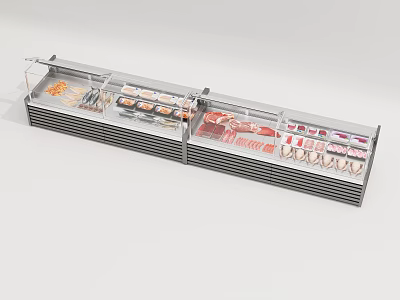 Commercial Refrigerated Display Case with Meat Seafood and Food Items in Open Design Multiple Compartments 3d model