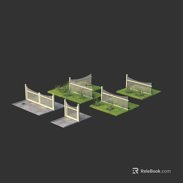 White Garden Fence Styles With Green Grass And Various Designs 3d model 
