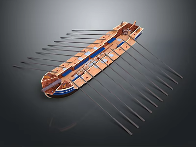 Wooden Boat With Multiple Oars Classic Design Blue Accents And Detailed Structure 3d model