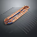 Wooden Boat With Multiple Oars Classic Design Blue Accents And Detailed Structure