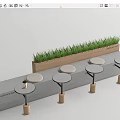 Modern Landscape Seating With Concrete Bench Grass Planter And Round Wooden Leg Seats