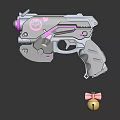 Futuristic Gun With Pink Accents And Cat Design Nearby Gold Bell With Red Bow