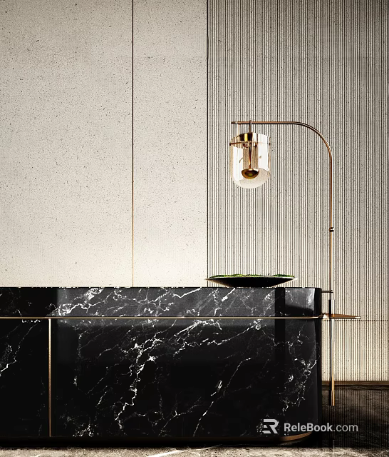 Modern Reception Desk Design With Black Marble Top And Gold Metal Frame 3d model 