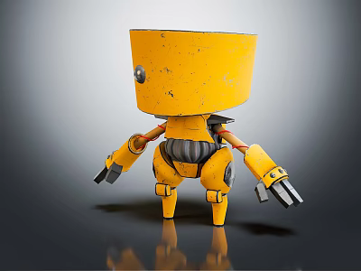 Yellow Robot Character With Mechanical Arms And Detailed Metallic Body Design 3d model