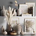 Elegant Decorative Ornament Set With Ceramic Vases Dried Plants Framed Artwork And Candle