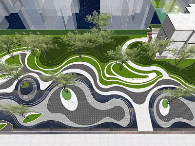 Urban Garden Landscape Design With Winding Pathways Green Lawns Trees And Geometric Patterns 3d model